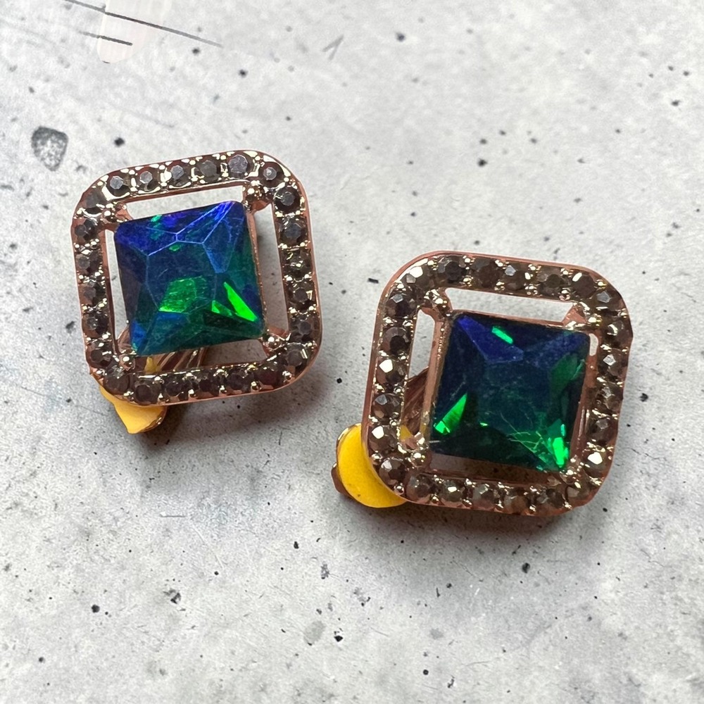 Green Blue Iridescent Rhinestone Clip On Earrings Square Statement Silver Tone